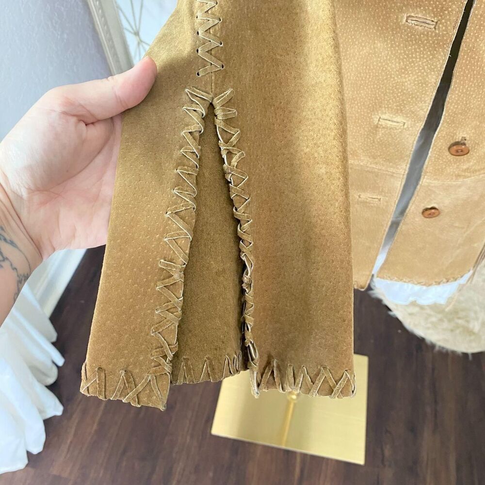 Vintage Tan Brown Suede Western Fringe Whipstitch Split Sleeve Leather Jacket M - Picture 3 of 8